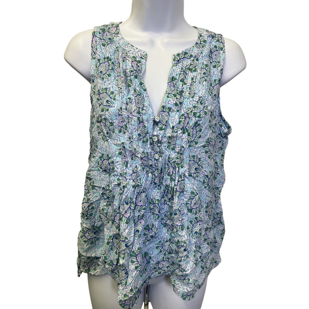 💐LOFT Womens S Blue Green Floral Sleeveless Blouse Ruffle V Neck LightweightTop